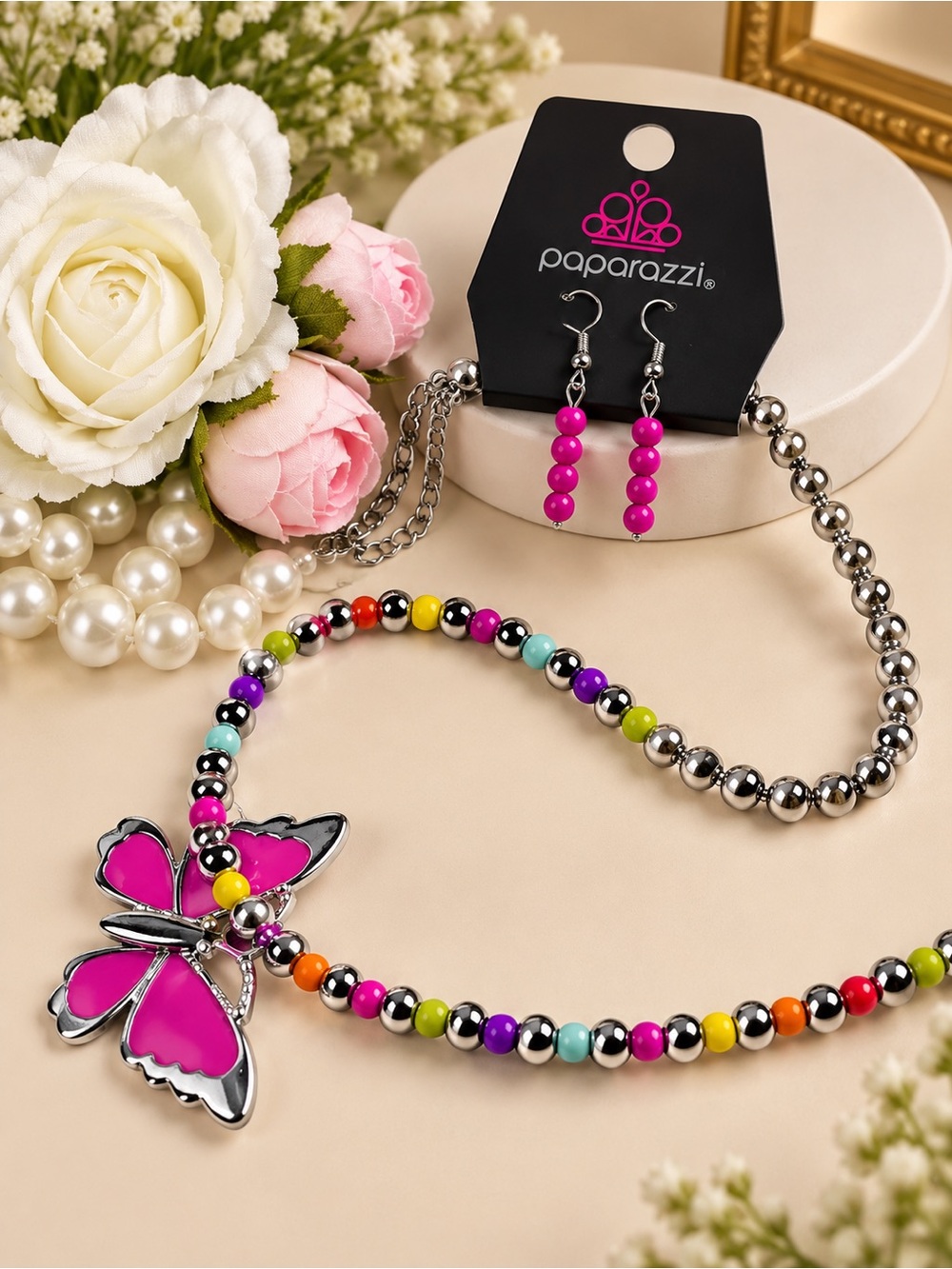 paparazzi Hot Pink Butterfly Multi-Color Beaded Necklace & Earrings Set